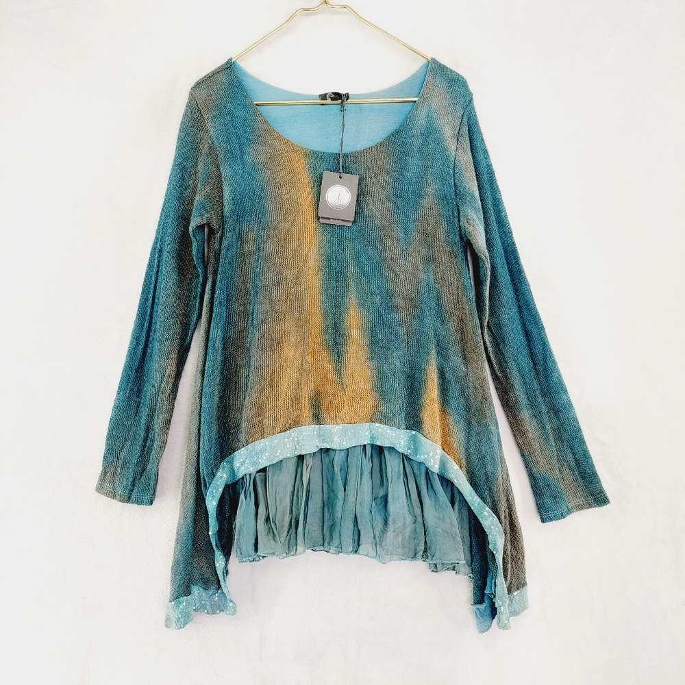 NWT Italian Knit Layered Tunic Scoop Neck Sequence Band Aqua Combo Top  Size L